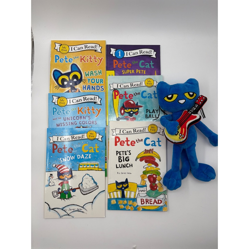 Pete the Cat Book Lot of 6 & Guitar Plush Early Reader Bundle